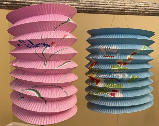 Vintage Japanese Asian Chinese Paper Lantern Accordion Floral Print Lot Blue Pk