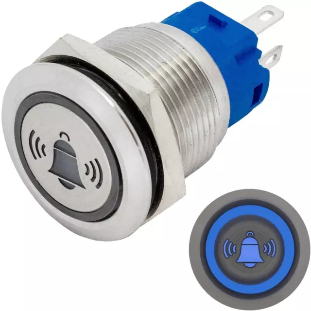 Edelstahl Drucktaster Flach Ø19mm Glocke LED Blau IP65 2,8x0,5mm Pins 250V 3A Va