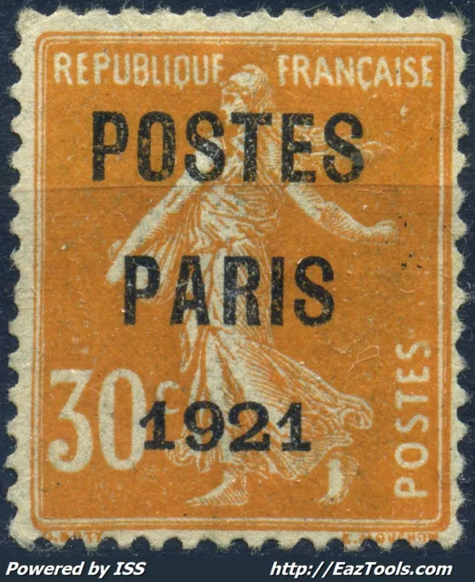 FRANCE PREO SEMEUSE 30c ORANGE POSTE PARIS 1921 N° 29 NEUF SANS GOMME