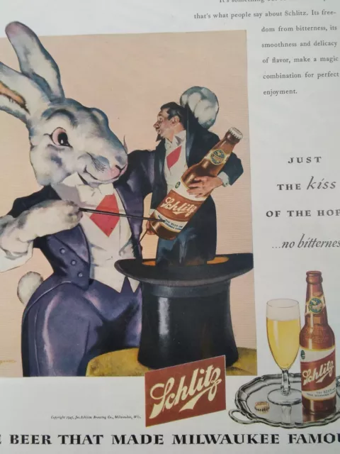 Schlitz Beer Print Ad Original Vtg 1945 WI Magician Rabbit Shell Oil Pipeline US