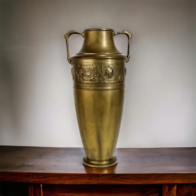Art Deco Hand Hammered Brass Vase French Floral Embossed Marked