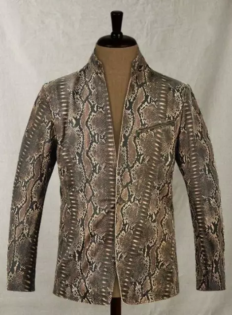 Men's Snake Print Real Lambskin Leather Blazer Classic Slim Fit Coat Blazer