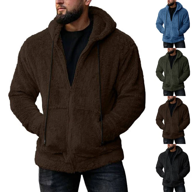 Men Fleece Jacket Zip Up Hooded Hoodie Warm Fur Lined Casual Coat Outwear Winter