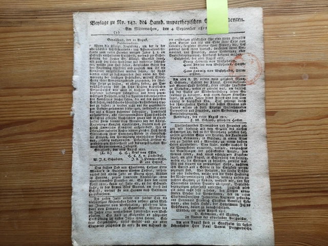 1811 Zeitung Hamburg b142 Münden Erdmann / Einberufung Bergen Prieseick