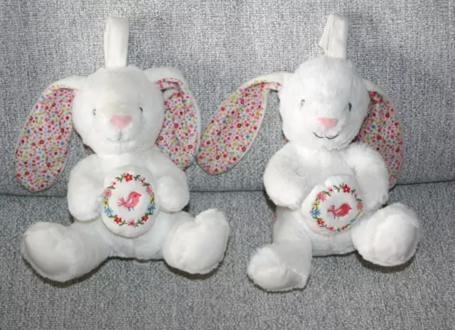 Pommette 2 Doudou Peluche Lapin Musical Blanc Rose Fleur Liberty Oiseau Etatneuf