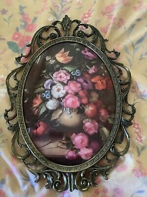 Vintage Brass Oval Ornate Convex Flowers roses  Picture Frame Made In Italy *