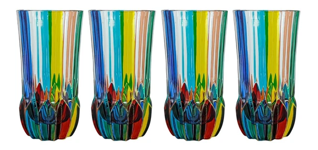 Set of Four 4 Murano Glass Drinking Artisan Long Tumbler Multi Red Blue Handmade