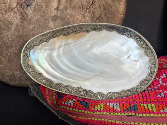 Old Pearl Shell Dish with Silver Trim …beautiful collection and display piece
