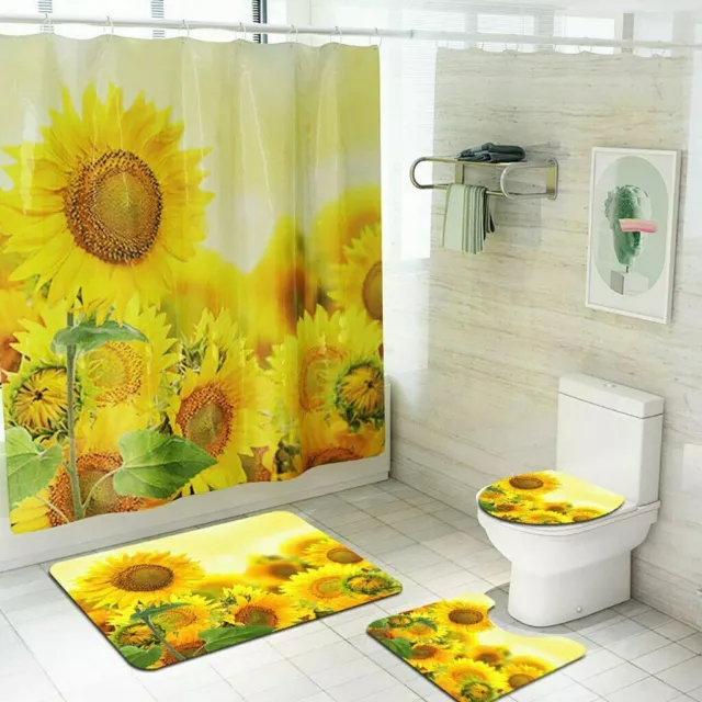 3D Sunflower Toilet Lid Cover Bathroom Rugs Mat Set Shower Curtain Floor Mat