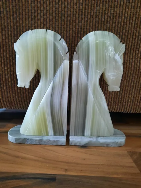 Vintage Trojan Horse Head Bookends Carved Onyx Rock Marble Stone 12 3/4" tall