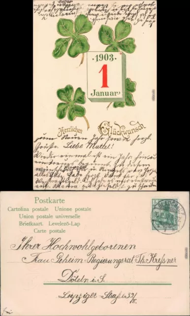 Glückwunsch - Neujahr/Sylvester: Kleeblätter, Kalender 1902 Goldrand