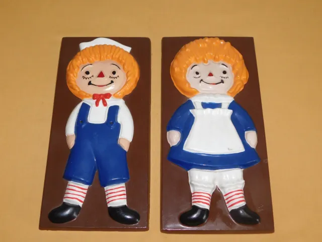 Vintage Chalkware  2  12 1/2" X 6"  Raggedy Ann & Andy Plaster Wall Plaques