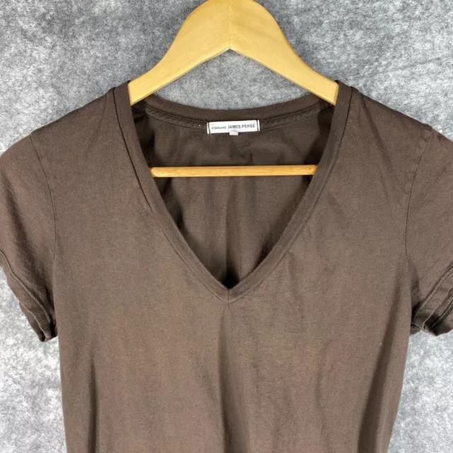 James Perse Shirt 3 Women L Brown Mocha Soft All Cotton Deep V Neck Made USA