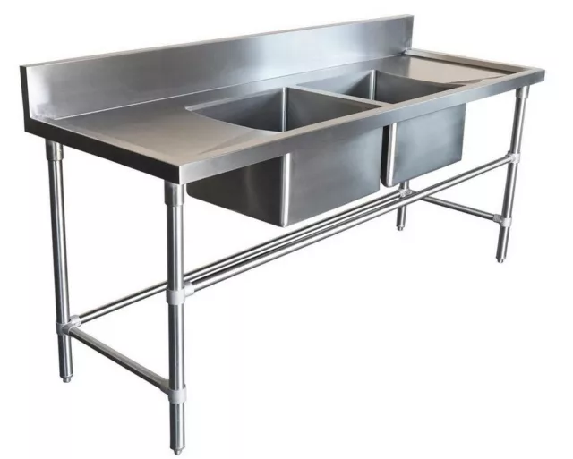 2100x600mm COMMERCIAL DOUBLE MIDDLE BOWL KITCHEN SINK STAINLESS STEEL BENCH E0