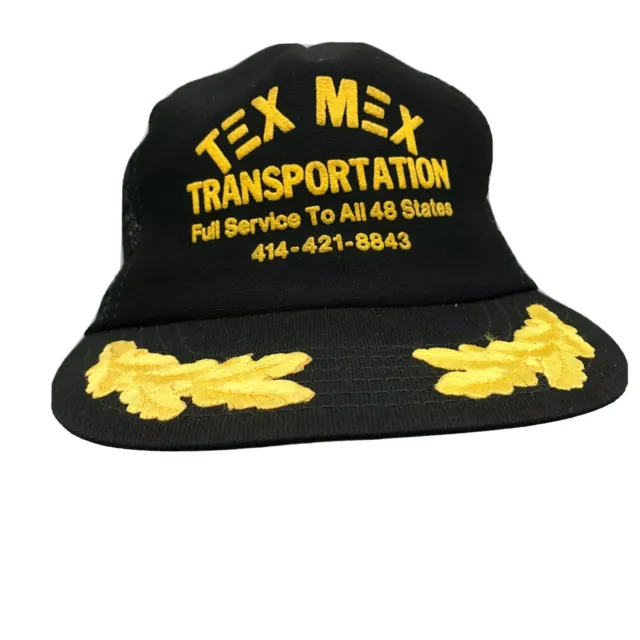 Vtg TEX MEX TRANSPORTATION Mesh Foam Black Trucker Cap Hat USA Scrambled Eggs YZ