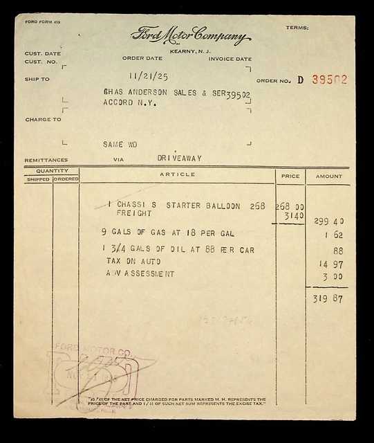 Ford Service Invoice FORD MOTOR CO Factory Invoice, 1925 Model T Truck Chassis, Kearny NJ ...