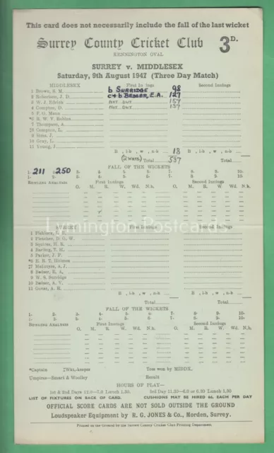 🌞CRICKET SCORECARD: SURREY v MIDDLESEX OVAL 9th AUGUST 1947