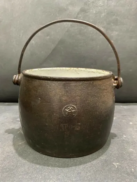 Old Vintage Rare Handmade No.6 Cast Iron Enamel Pot With Handle