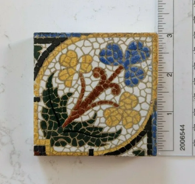 Arts and Crafts Antique Tile: Hand-Painted Mosaic Patterned Flowers