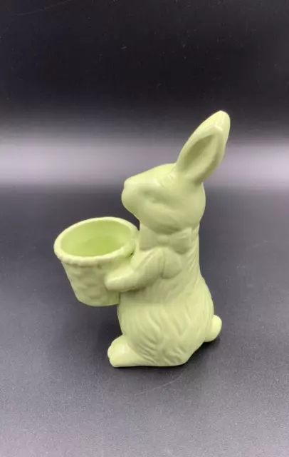 Green Ceramic Easter Bunny Rabbit Figurine Holding Basket Jellybean Holder