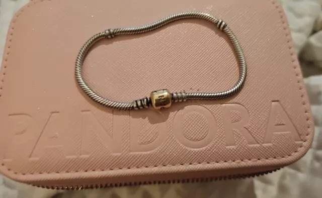 Genuine Pandora Sterling Silver & 14k Gold Clasp Bracelet 19cm Moments