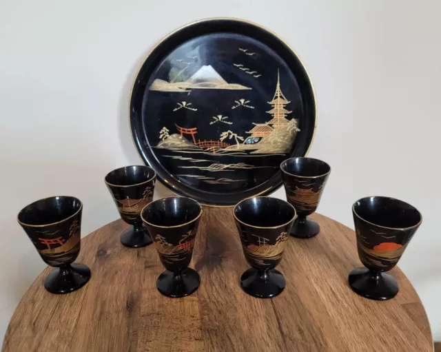 Vintage Japanese Lacquerware - Lacquered Wooden Sake Set 6 Cups and Tray Black
