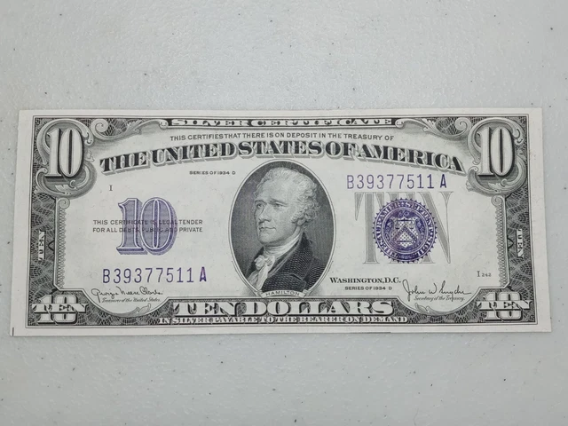 High Grade 1934 D $10 Ten Dollar Silver Certificate Note Blue Seal, A72