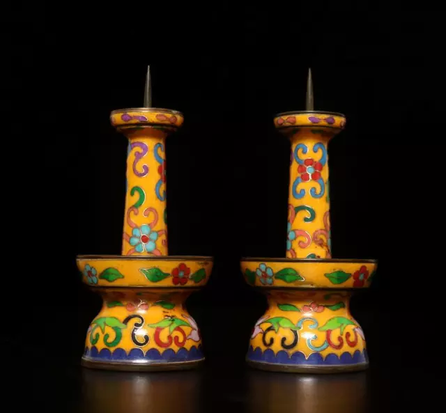 Pair Old Chinese Bronze Cloisonne Enamel Light Holder w/flower