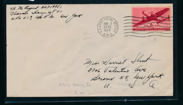 42304) US field post cover WWII, APO 517 8.8.45, Nancy France