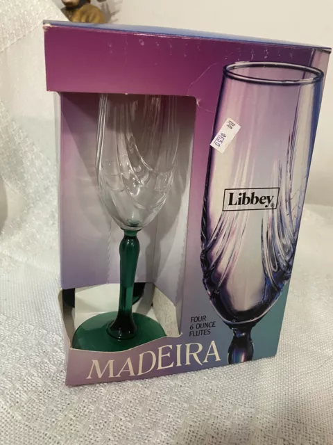 Libbey Vintage Madeira 6oz Flute Glasses NIB 8251 juniper stem green