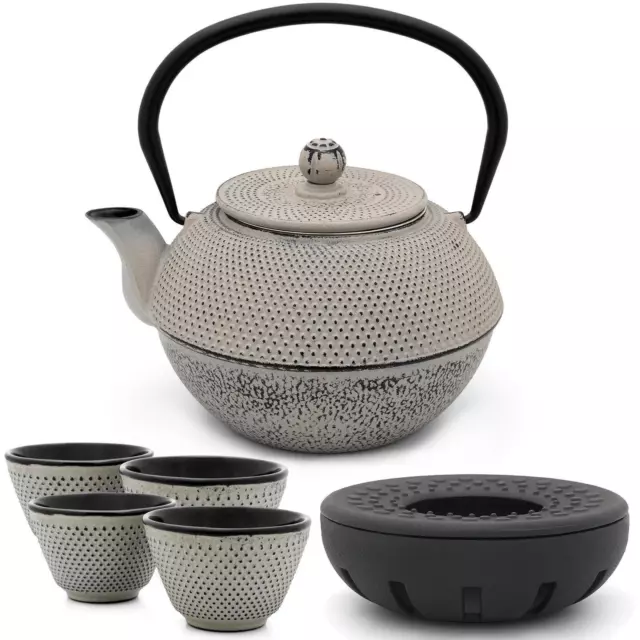 Asiatische Teekanne Gusseisen 1.1 Liter grau Tee-Set mit 4 Becher mit Teewärmer