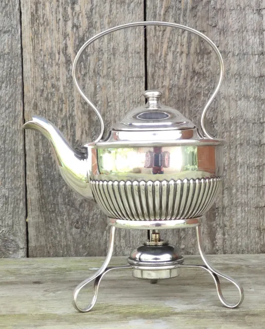 Antique Silver Plated Half Ribbed Spirit Kettle With Stand & Burner JT & Co