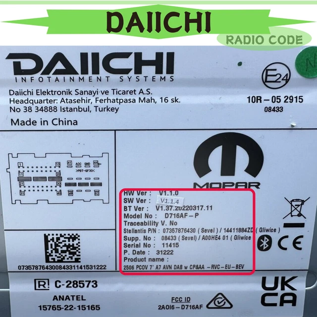 Fiat / Lancia Radio Code Retrieval Service - Daiichi / Mopar / Continental Navi PIN