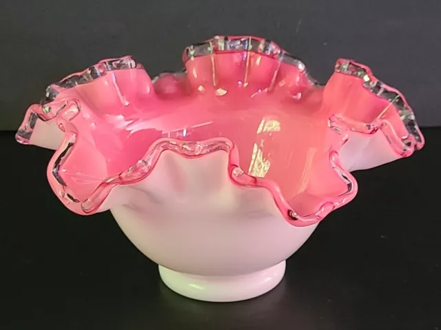 Vintage Fenton Silver Crest Milk  Art Glass Peach Pink Ruffled Bowl