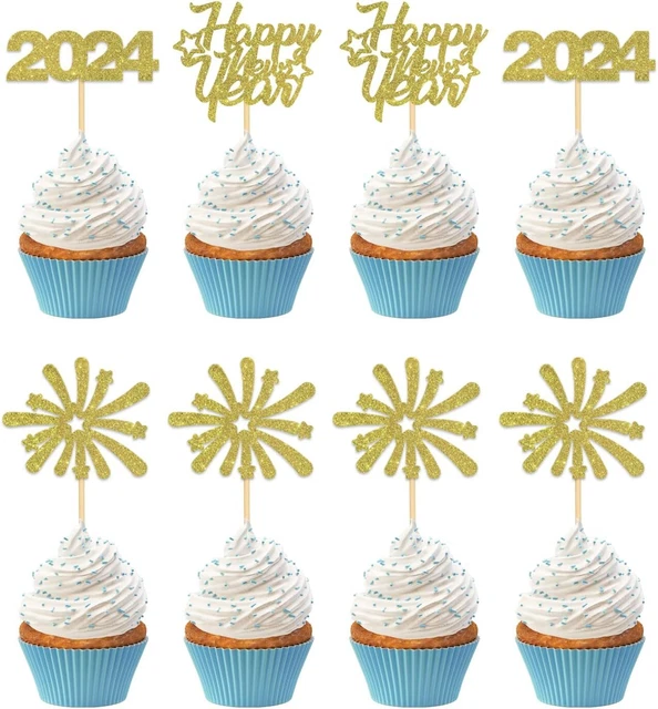 2024 HAPPY NEW Year Cupcake Toppers Sparkling Party Decoration for
