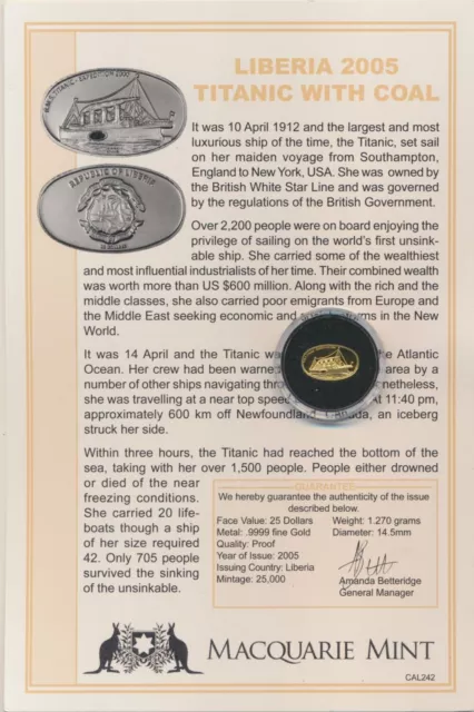 Liberia: 2005 $25, R.M.S Titanic, 999 Gold 1/25oz Proof