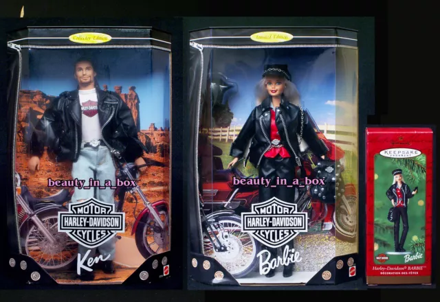 Harley Davidson #1 Ken & #1 Barbie Doll Matching Hallmark Ornament " Lot 3   O