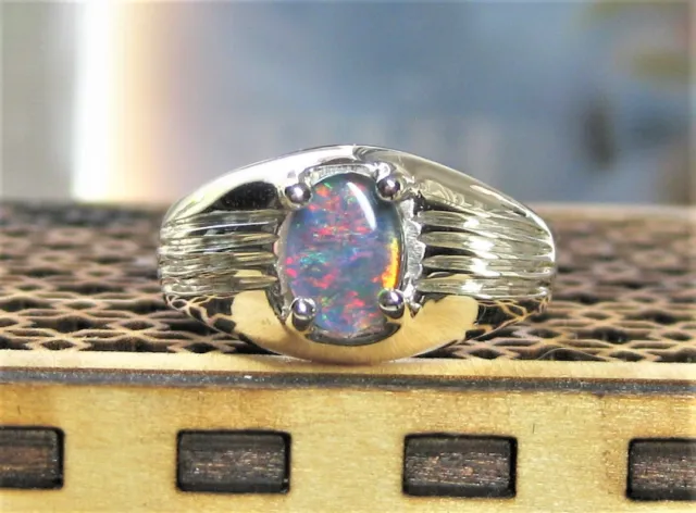 Men's Genuine Australian Opal Triplet Ring-New Opal In Sterling Silver Size 9.75