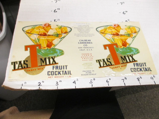 TAS T MIX "Tasty" fruit cocktail 1930s metal tin can food paper label Calbear
