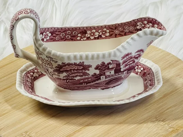 Copeland Spode's Tower England Gravy Boat & Attached Plate Pink/Rose