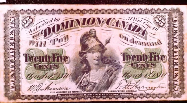 1870 "Dominion of Canada" Twenty Five Cents Banknote "Plain" F-VF See Photos