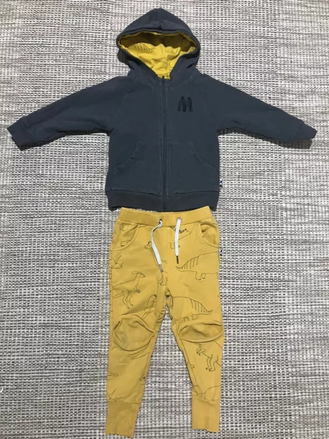 Boys Minti Melbourne Dinosaur Print Yellow Track Pants and Zip Hoodie Set Size4