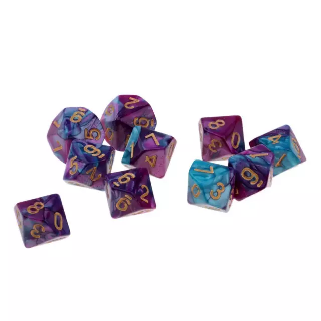 Multi sided dice set of 10 D10 Dungeons D&D RPG Role play Purple+Blue 3