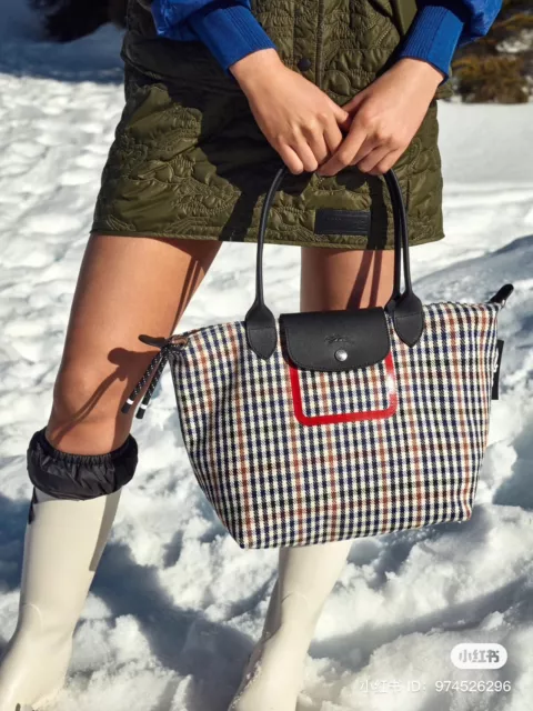 Longchamp Le Pliage Pied de Poule Medium Shoulder Tote New Auth Houndstooth