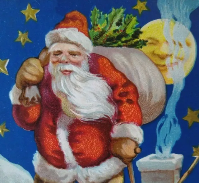 Santa Claus Christmas Postcard Moon Man Face Gold Stars Chimney Embossed Vintage