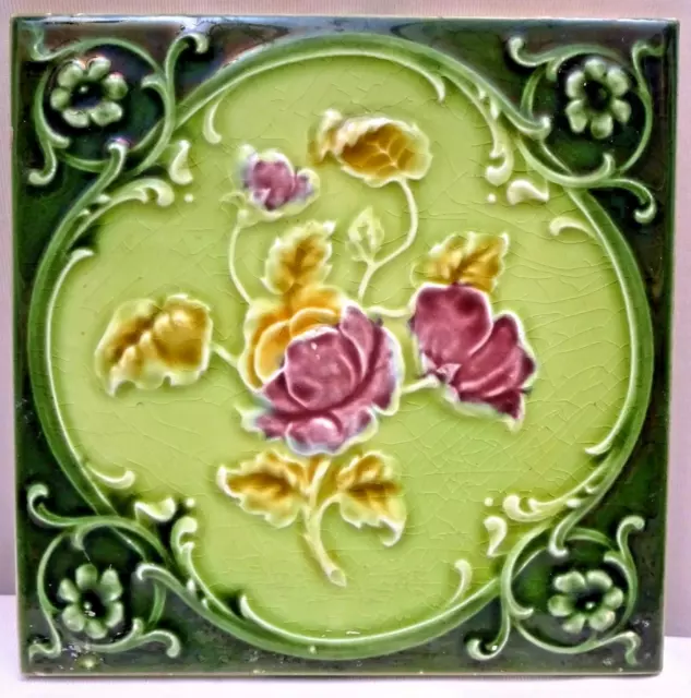 Ancien Carreau Majolique Art Nouveau Angleterre Rose Violet Architecture Fleuri