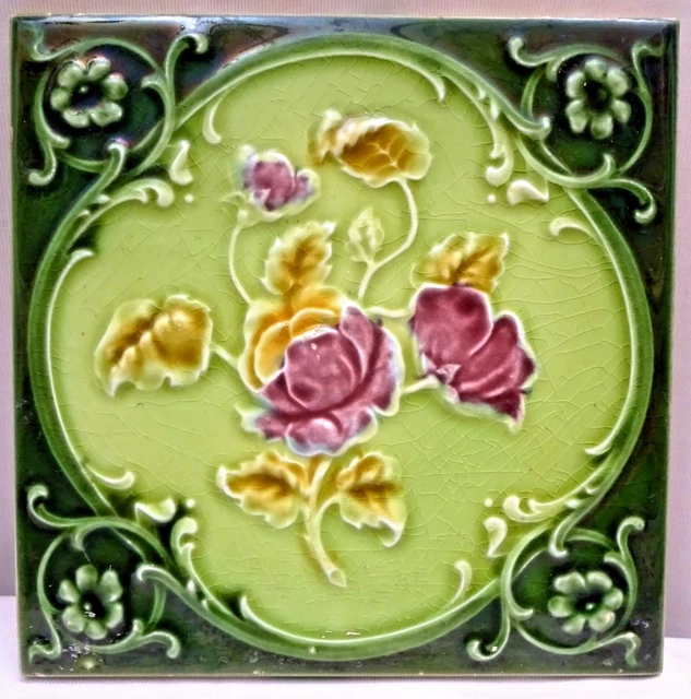 Ancien Carreau Majolique Art Nouveau Angleterre Rose Violet Architecture Fleuri