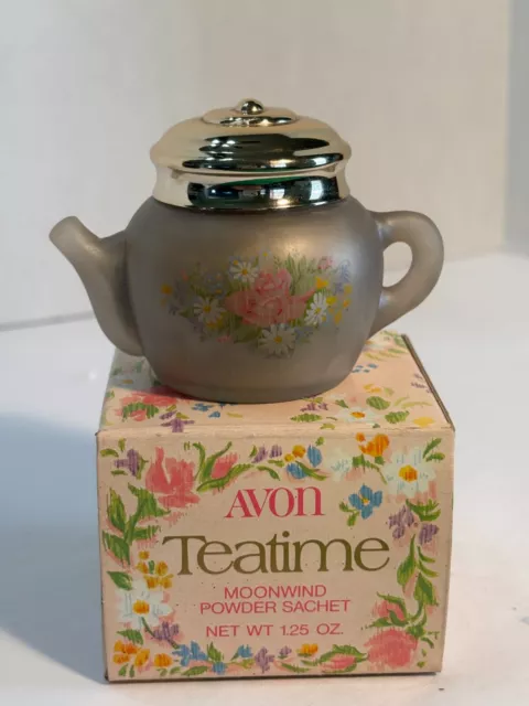 Vintage Avon Teatime Teapot Moonwind Powder Sachet Glass Jar Bottle With Box