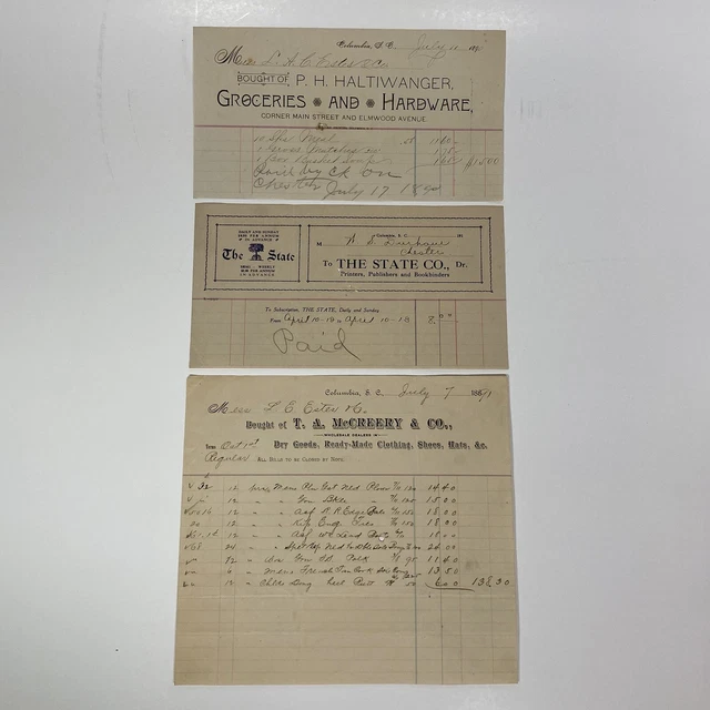 Antique Columbia South Carolina 1890s Receipts Bills Papers Hand Signed Lot Of 3