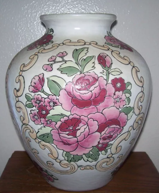 Vintage Ginger Jar Vase Urn - Embossed Floral Pink Rose Design - 10" Tall